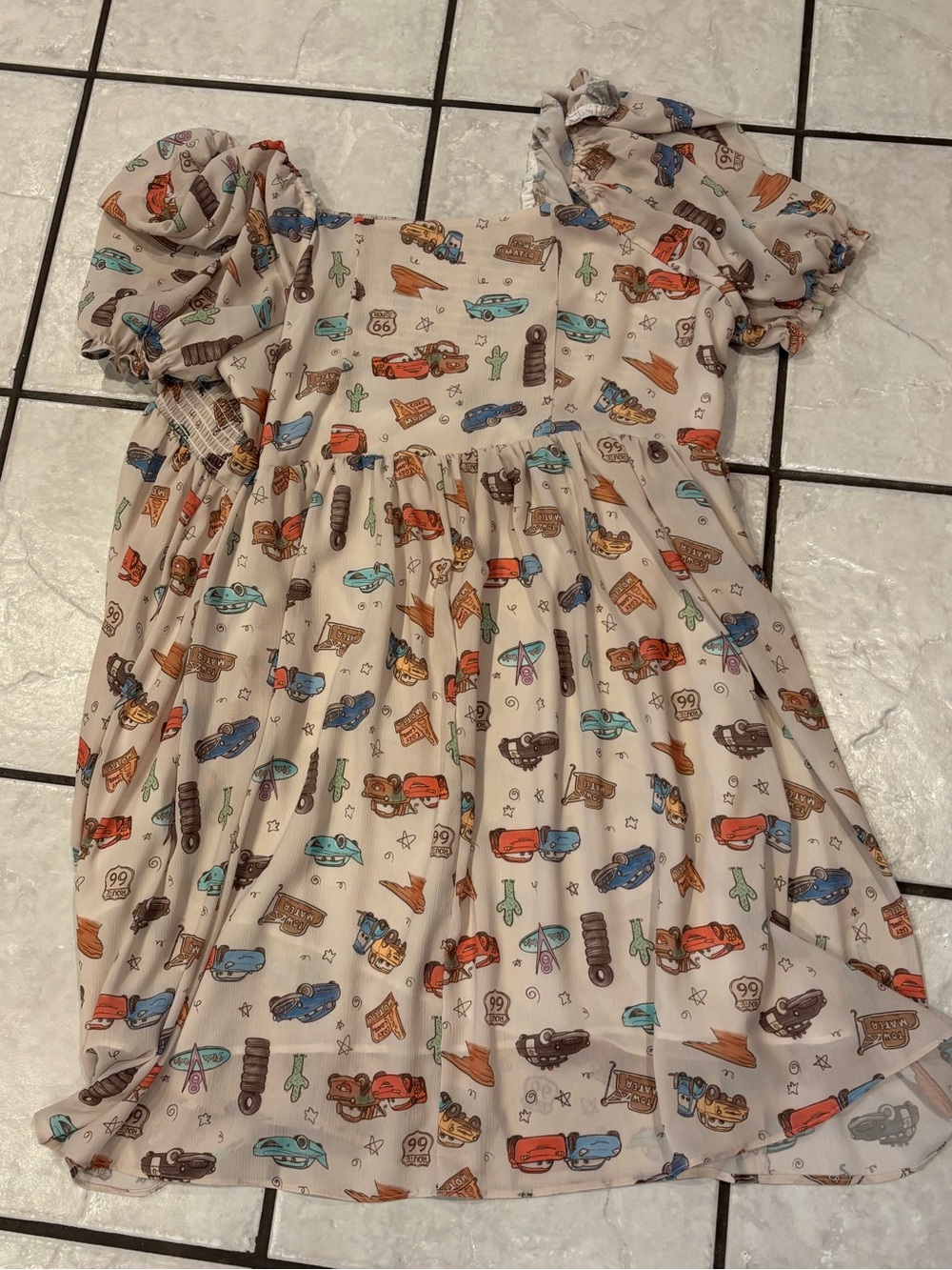 Route 66 Pixar Cars Babydoll Dress - White with Multicolor Print